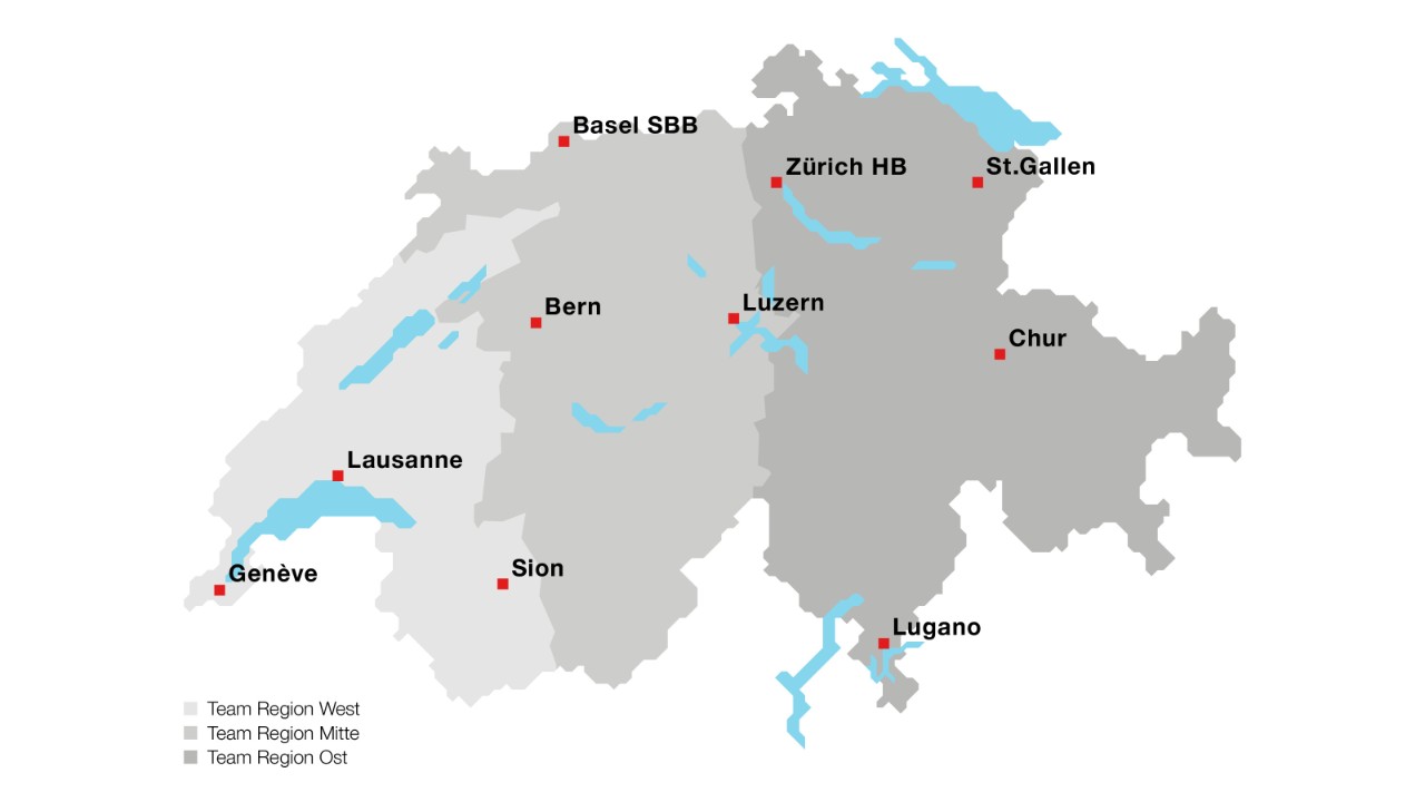 Die Schweiz ist in die drei Beratungsregionen West, Mitte und Ost unterteilt.